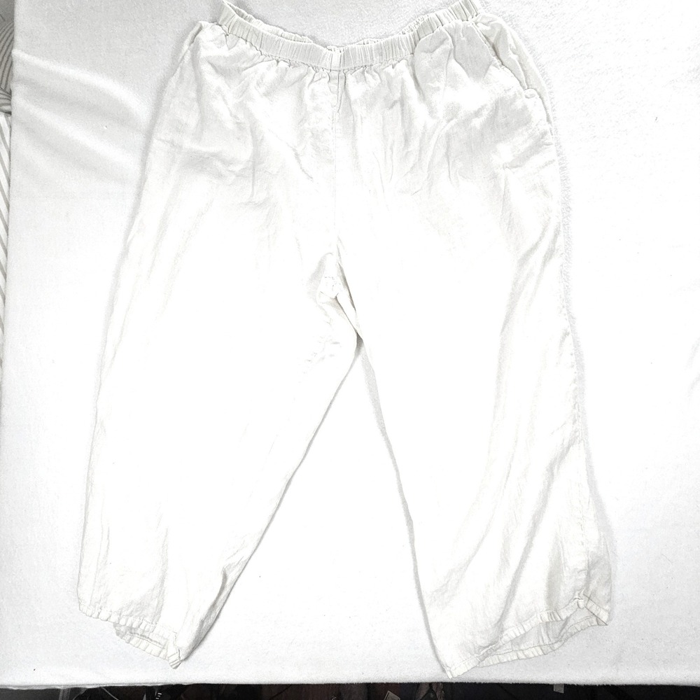 VTG FLAX by Jeanne Engelhart White 100% Linen Elastic Waist Cropped Pants 3G